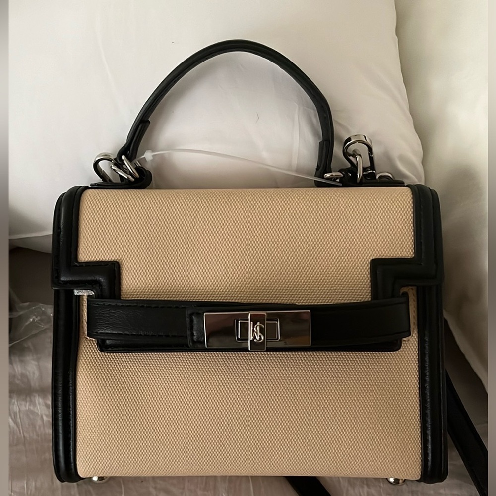 Steve Madden Structured Canvas Top-Handle Bag in Beige and Black